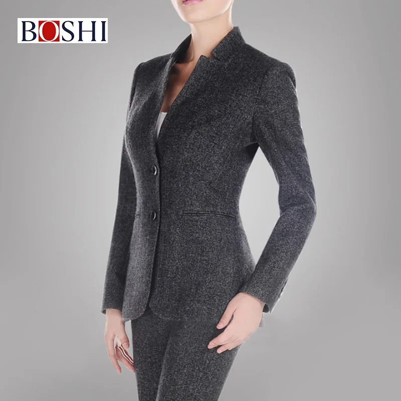 Custom Business Women Gery Fashion Formal Blazer Of Ladies Two Button Mandarin Collar Suit