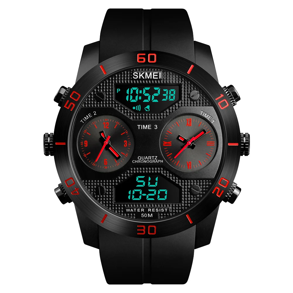 SKMEI 1355 new arrival 3 time zone japan movt quartz watch stainless steel case back sport digital wristwatch