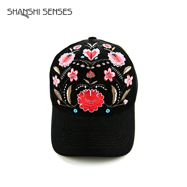 Custom Available Ladies Embroidered Velvet Black Flower Baseball Cap Funky Vintage Cotton Low Profile Baseball Cap