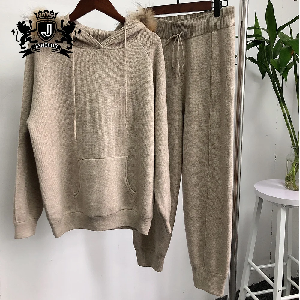 Cashmere suite fashion casual pullover with raccoon fur clothes women knitted wool sweater suite