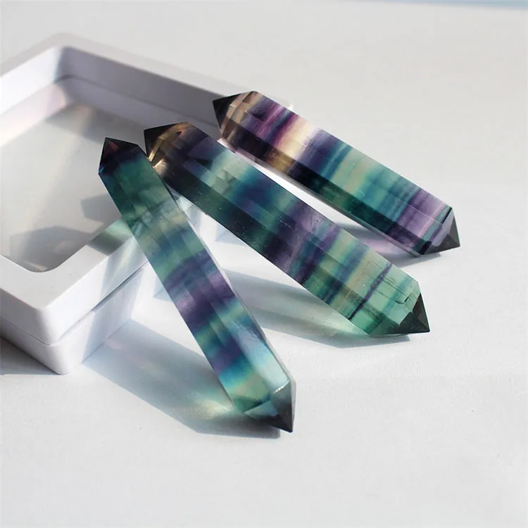 Polished Folk Art Rainbow Quartz Wand Polished Rainbow Fluorite Double Terminated Crystal Point