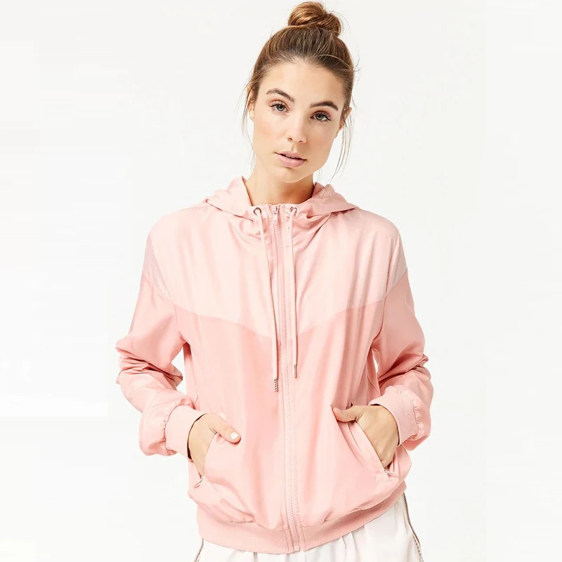 ECOACH Nylon Lining Windbreak Jacket With Hoody Full Zip Up Color Blocked Quick Dry Waterproof Nylon WindbreakerJacket For Women