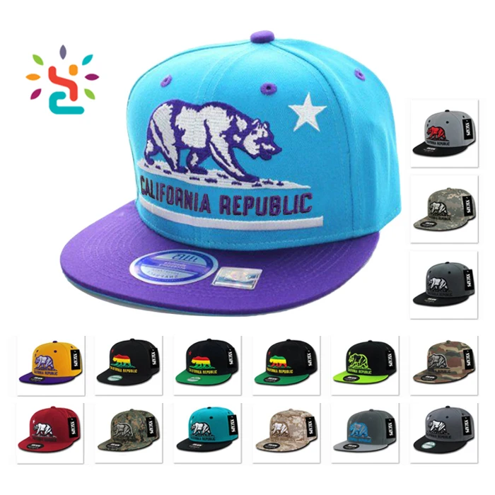 Hit color Snapback Cap with bear 2D embroidery patch California Republic 6 panel two tone baseball cap