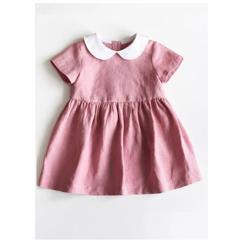 
Classic baby girl linen cotton dress short sleeves yellow little girl outfits plain peter pan collar ruffle fancy baby frocks de 