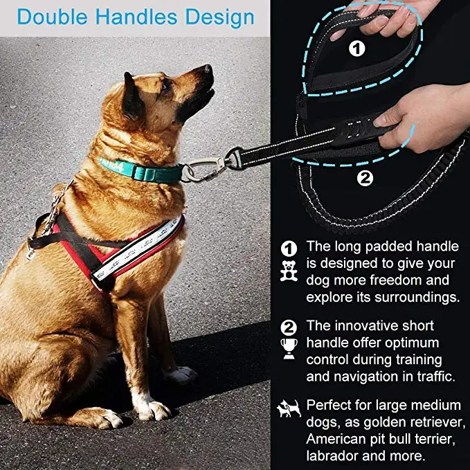 6FT Strong Nylon Dog Leash with Highly Reflective Threads and Bungee Buffer Leash and padded handle,dog car seat belt