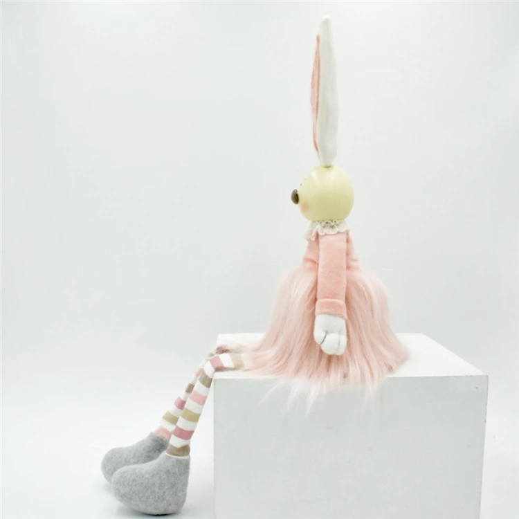 Easter Decoration Gifts Pink Plush Rabbit Figure Shelf Sitter Stripe Fabric Craft Home Decor Couple Bunny With Resin Head