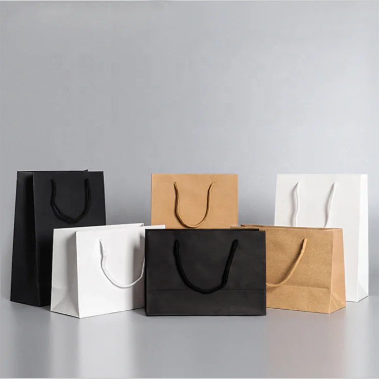 Wholesale custom logo design luxury black white brown cardboard paper bag with cotton Ribbon rope handle