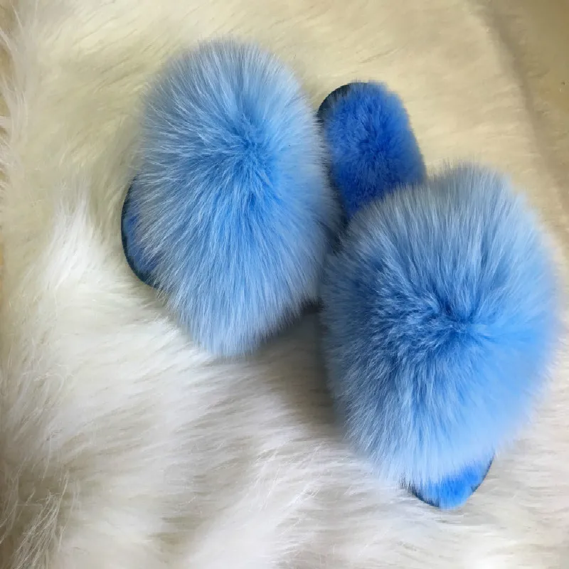 Sandals custom slides rabbit fur sole ,fox fur slippers big real fox fur slide sandals for women