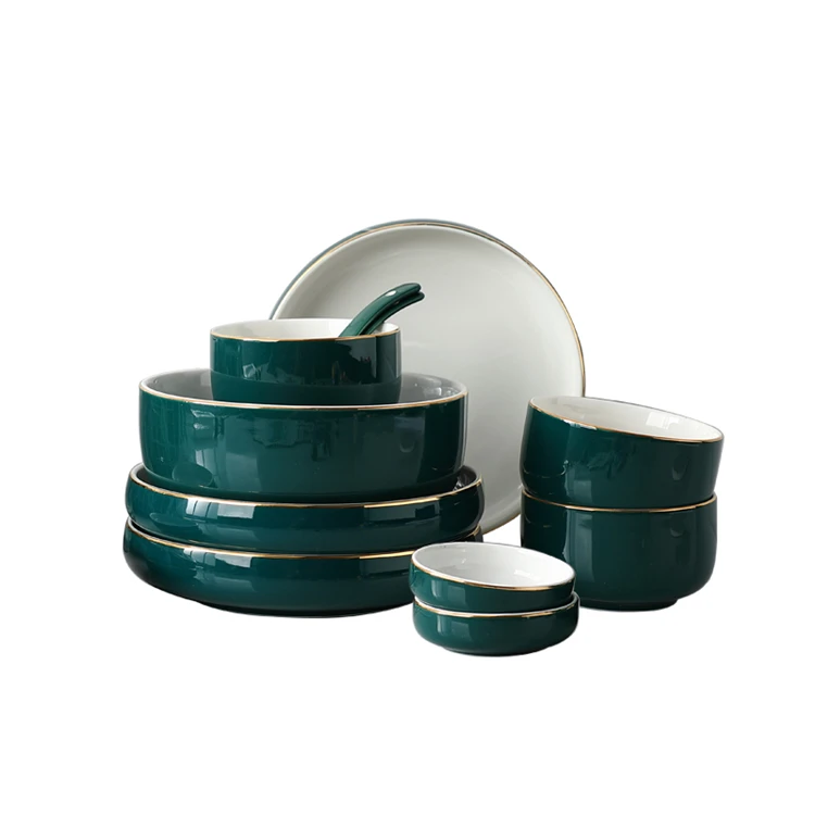 Italian style jasper green tableware plate bowl luxury gold rim ceramic dinnerware set for restaurant