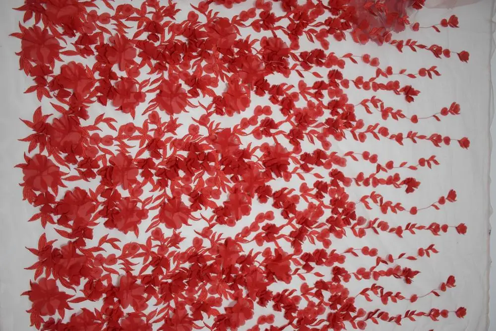 Hot sales bridal netting fabric red wedding lace 3D flower embroidery designs for lace wedding dress HY0738-2