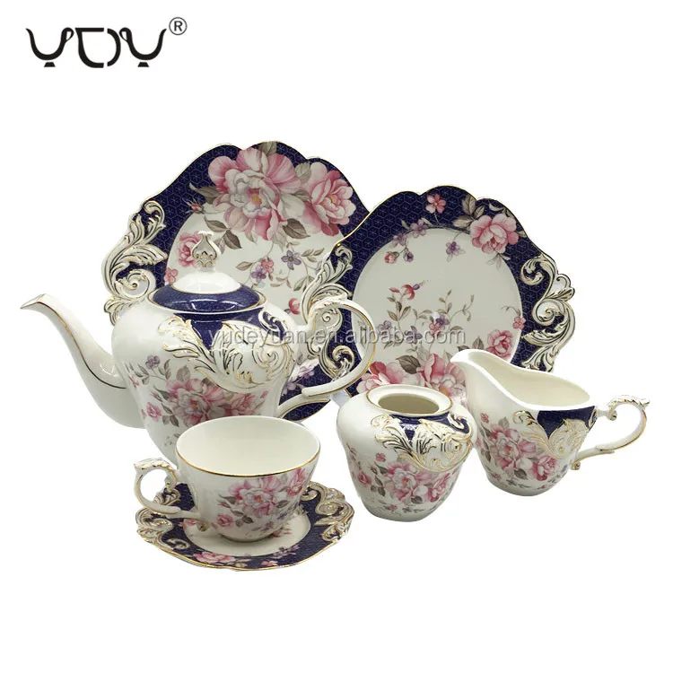 new bone china 24pcs western blue flower design wholesale fine royal porcelain tea cup sets