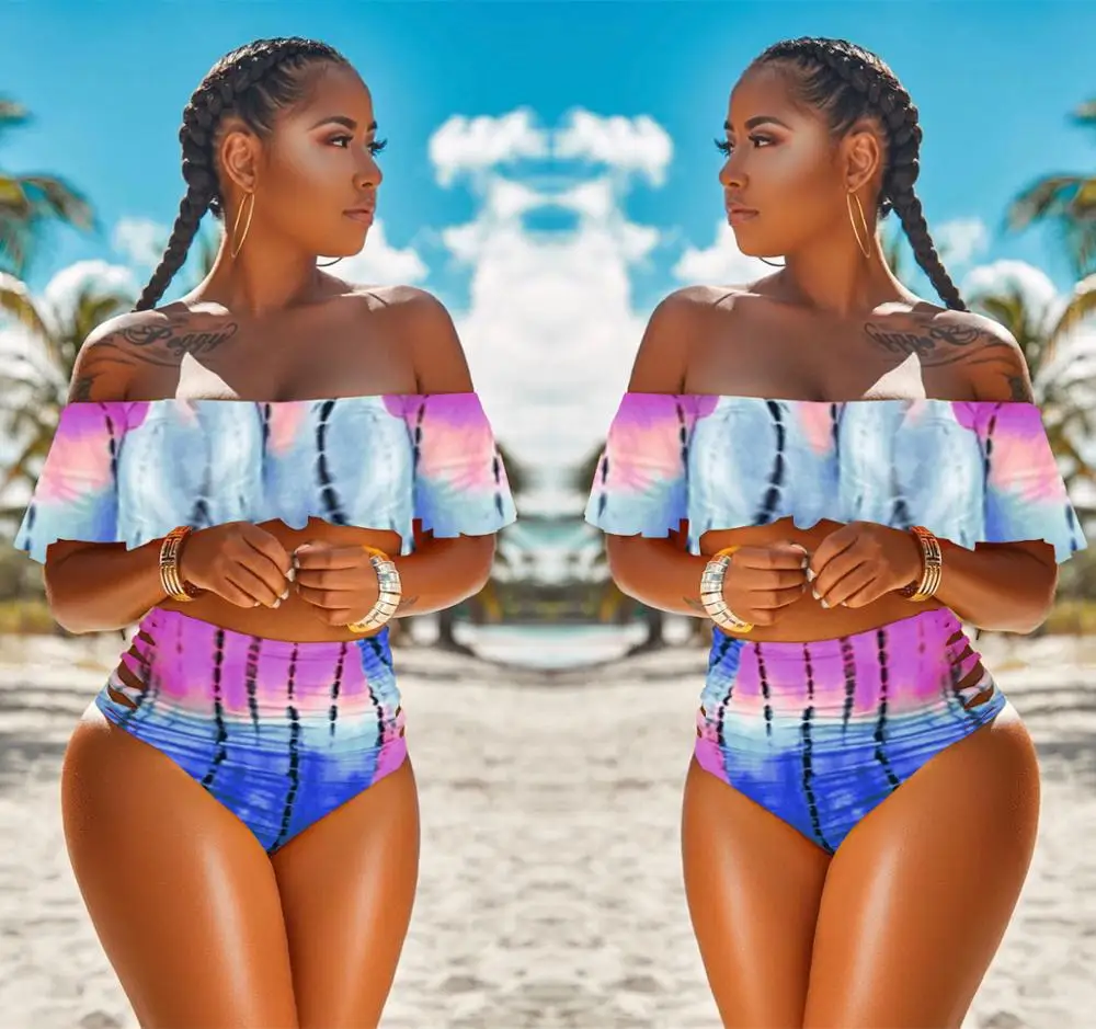 2019 High Quality Custom Color Block Plus Size High Waist Off Shoulder Sexy Ladies Swimwear Beachwear African Print