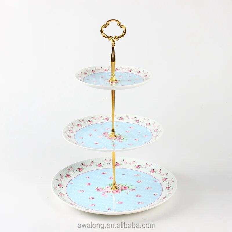 3 layer ceramic fruit & cake plate colored bone china cake stand