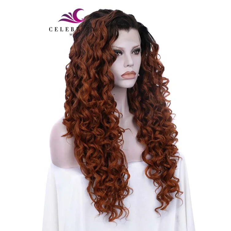 Free sample Wholesale black price Natural Brown Color Medium Kinky Curly ombre long Synthetic Hair Lace Front Wigs for women