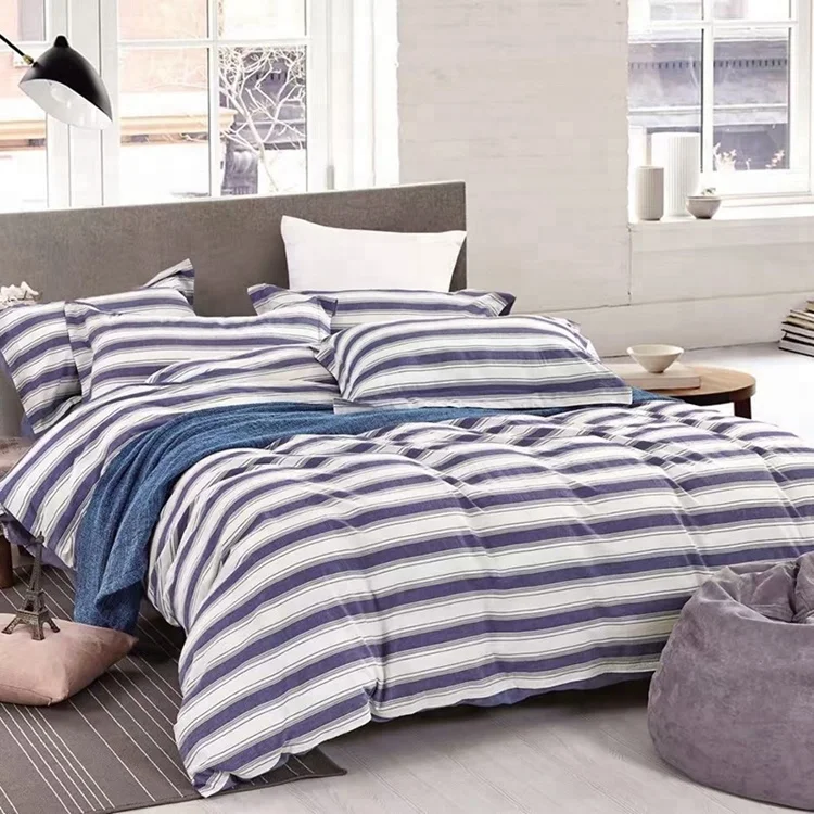 Custom korean stripe hotel bedding four sets 100% Cotton Flat Sheet , Quilt Cover , Bed Linen With Pillow Case