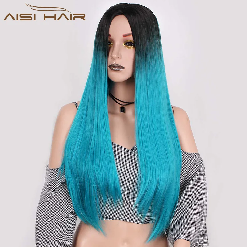 Aisi Hair Hot Selling Long Silky Straight Ombre Blue Color Wig Cheap Synthetic Cosplay Wigs For Black Women Heat Resistant Fiber