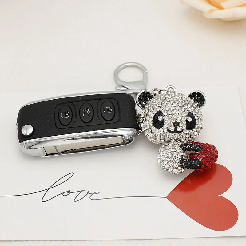 New Fashion Style Rhinestone Crystal Panda Key Ring Keychain For Bag Car Bear Keychains