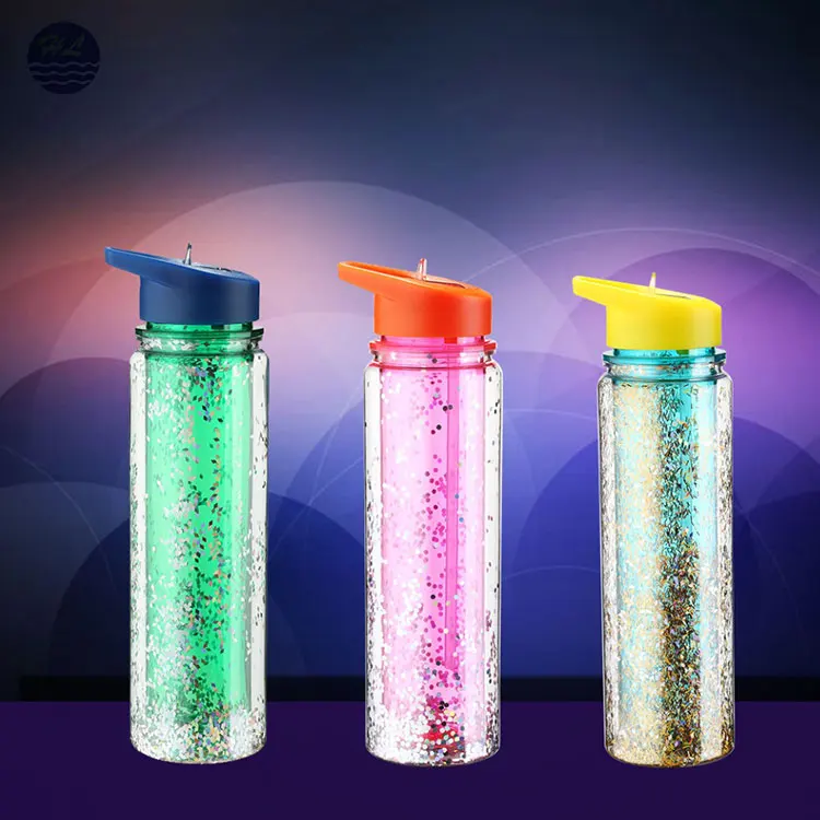 New design customized Logo double wall 500ml glitter plastic sport water bottle