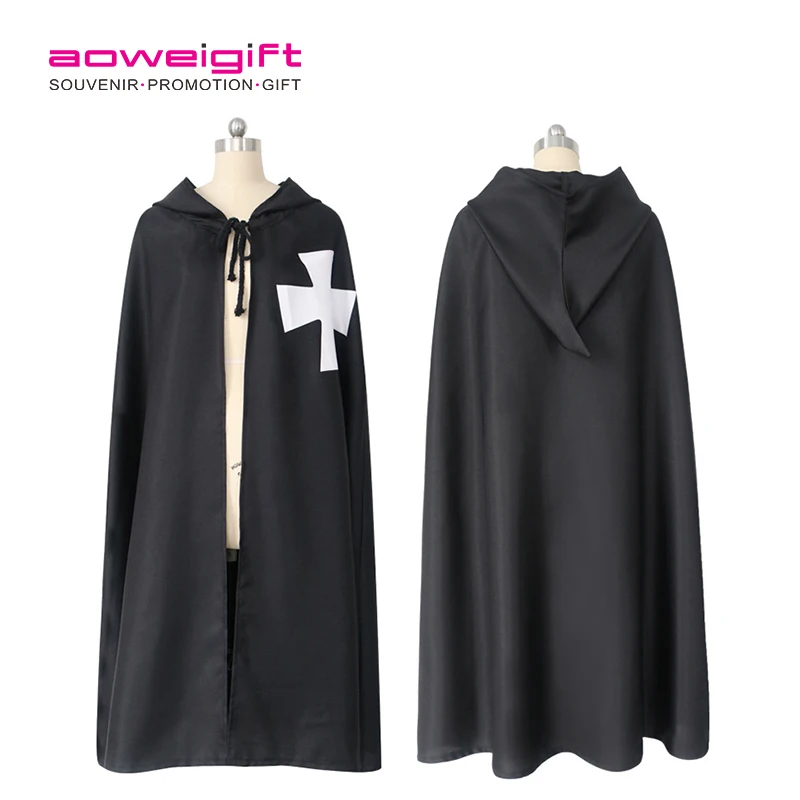 Promotion medieval Ester festival black European hooded printed cross cloak Halloween cosplay knight style long rope for kids
