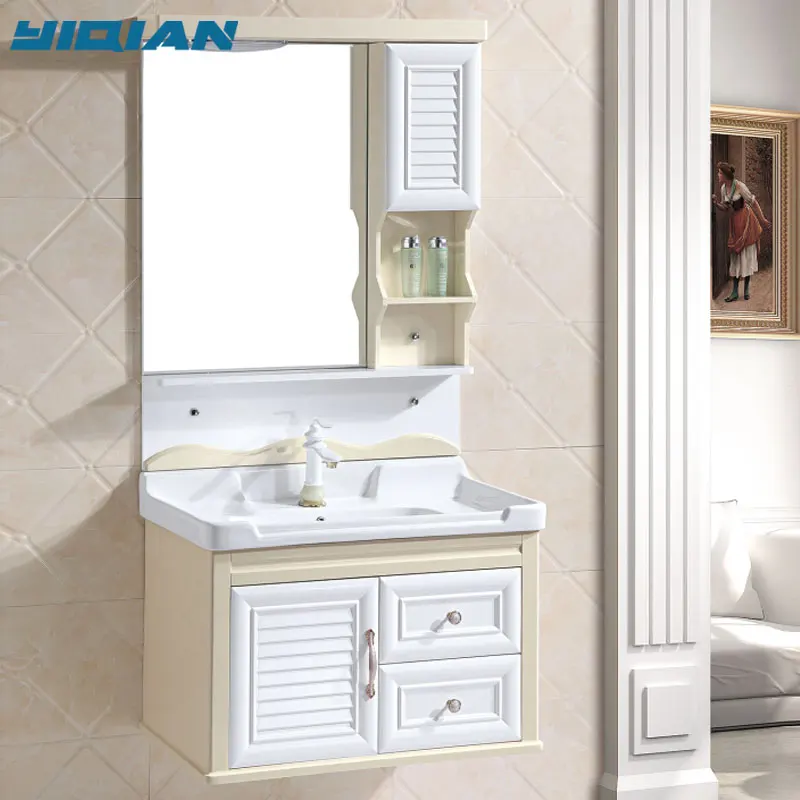 Modern Simple Wall Mounted White and Golden PVC Bathroom Wash Basin Vanity or Cabinet Furniture