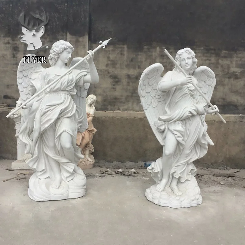 Outdoor decoration large winged white stone male angel statues