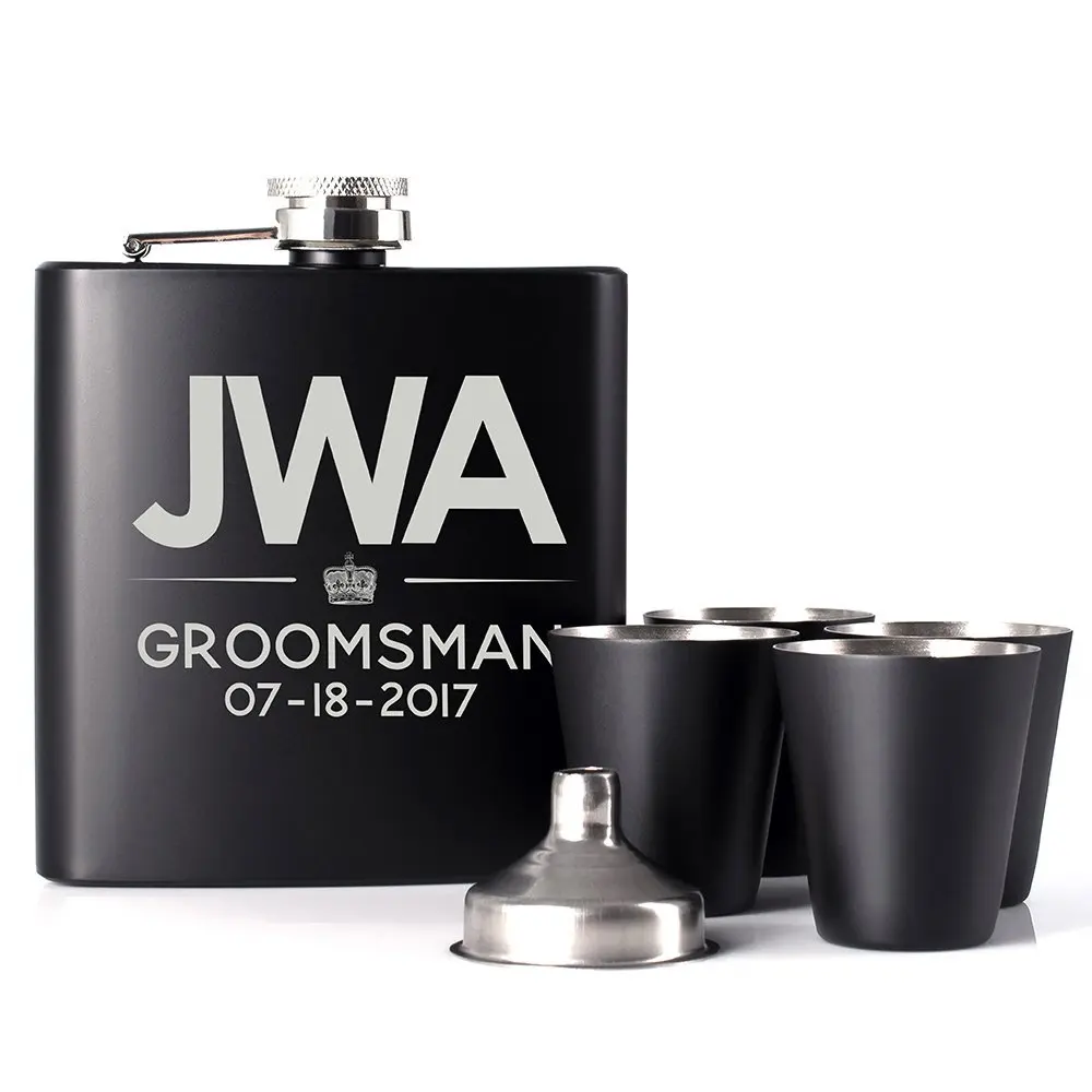 Индивидуальные выгравированы черный цвет 6 унций нержавеющей стали стакан для виски фляжка с выстрел стекло подарочный набор