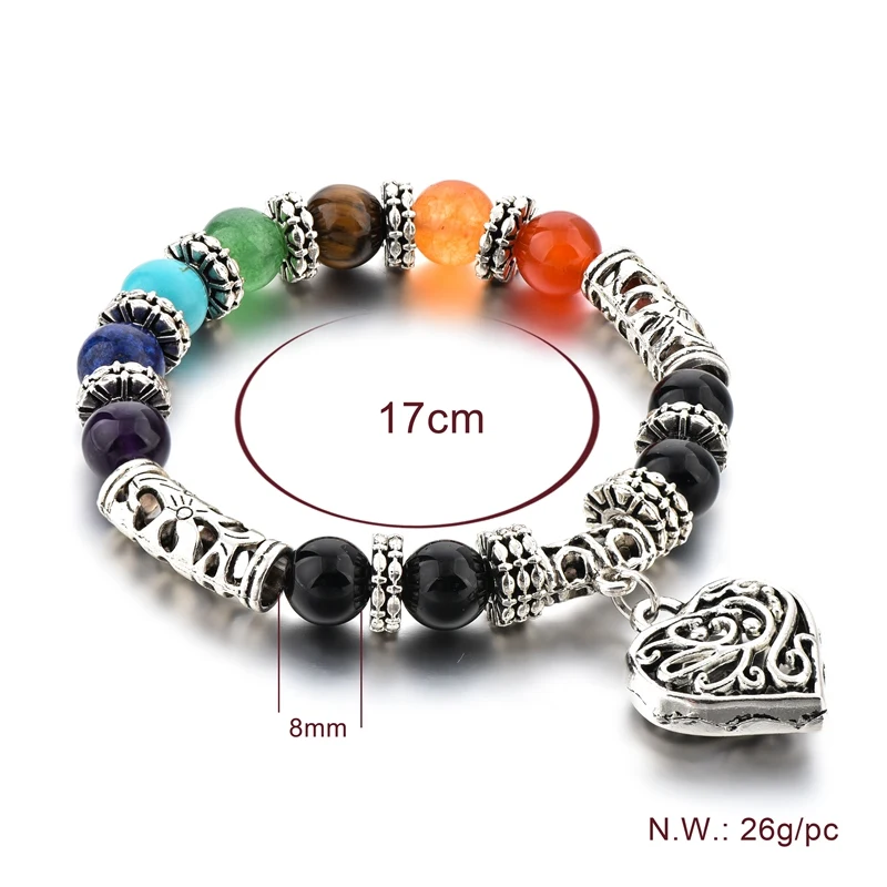 New products 2018 colorful natural stone lava bead 7 chakra bracelet heart pendant bracelet yoga nature bracelet