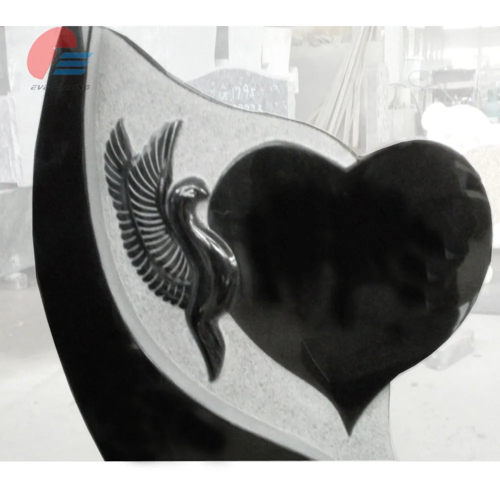European Modern Black Granite Dove Heart Shaped Carved Tombstone