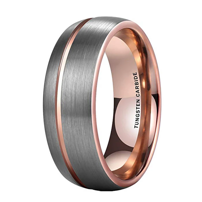 Latest New Domed Brush Tungsten Ring Carbide Two Tone Rose Gold Inside