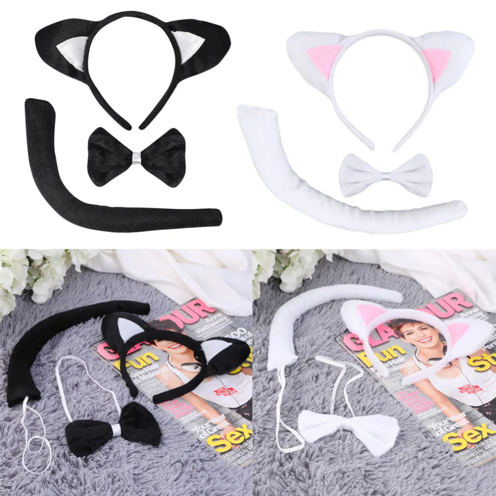 Cute Animal Tail Ear Headband Bow Tie 3Pc Tail Party Little Cat font b Fancy b