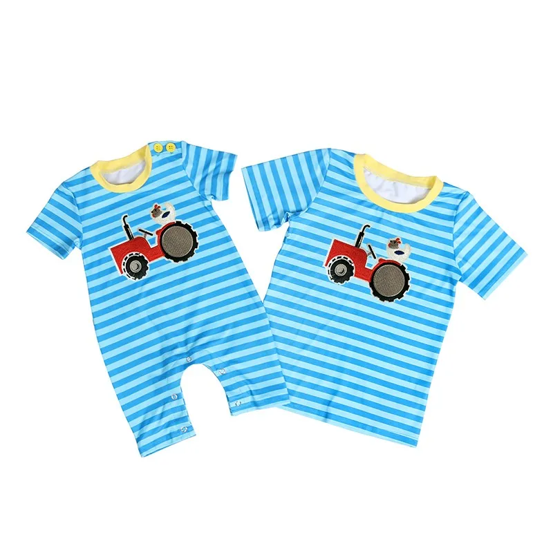 Farm Style Short Sleeve Baby Boy Romper Jumpsuit Wholesale Striped Tractor Chicken Applique Jumpsuit Infant Romper