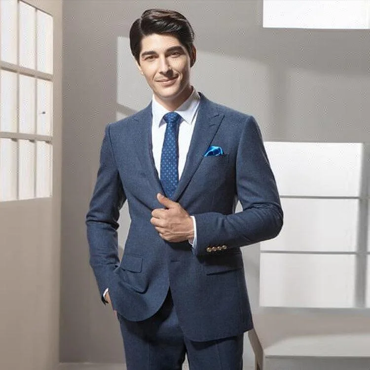 Regular style navy blue business groom wedding suit 100% wool high quality suit.