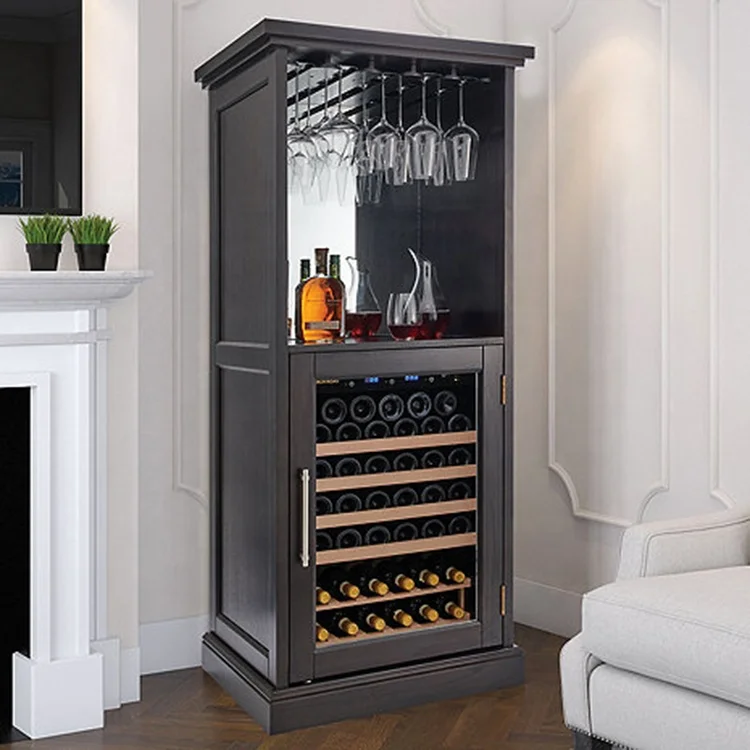 Antique Oak Wood Wine Cooler Cabinet Chiller Home Bar Furniture Cellar with Fridge Countertop Refrigerator Rack Free Standing