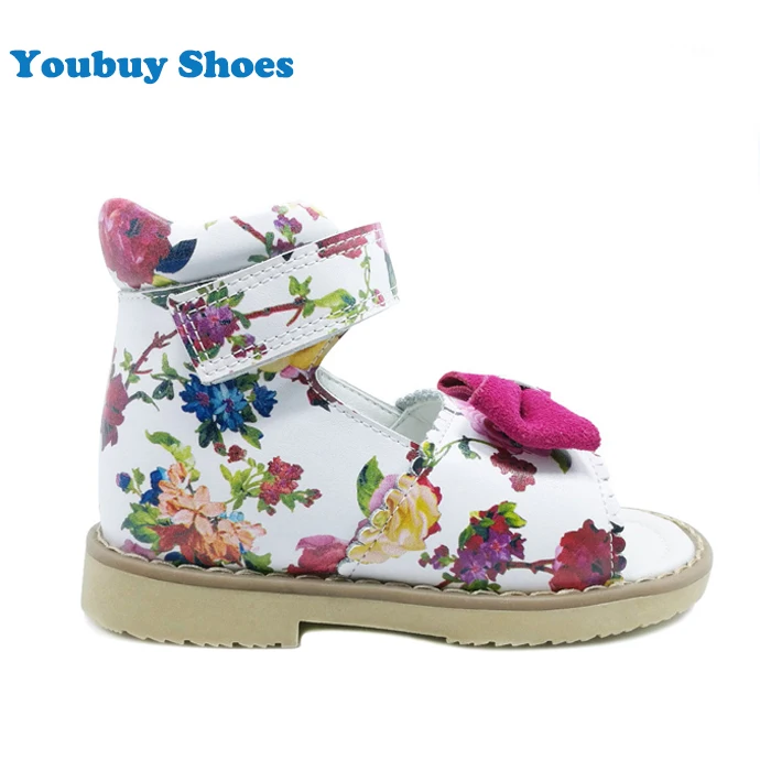 Baby Girls OEM Turkey Printing Flower Fashion Kids Toddlers Orthopedic Summer Cute Stylish Luxury Leather Sandals with Bow Knot