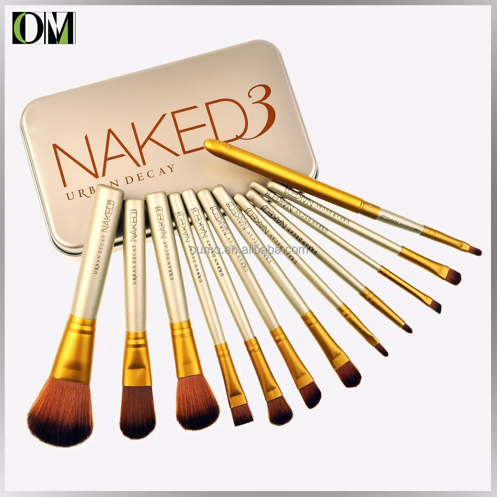 OUMO--Nake3 short handle portable 12pcs champagne makeup brush set iron box with private label