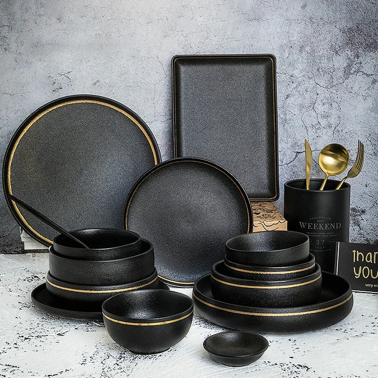 New arrivals unique design living art frosted dinnerware gold rim porcelain dinner set