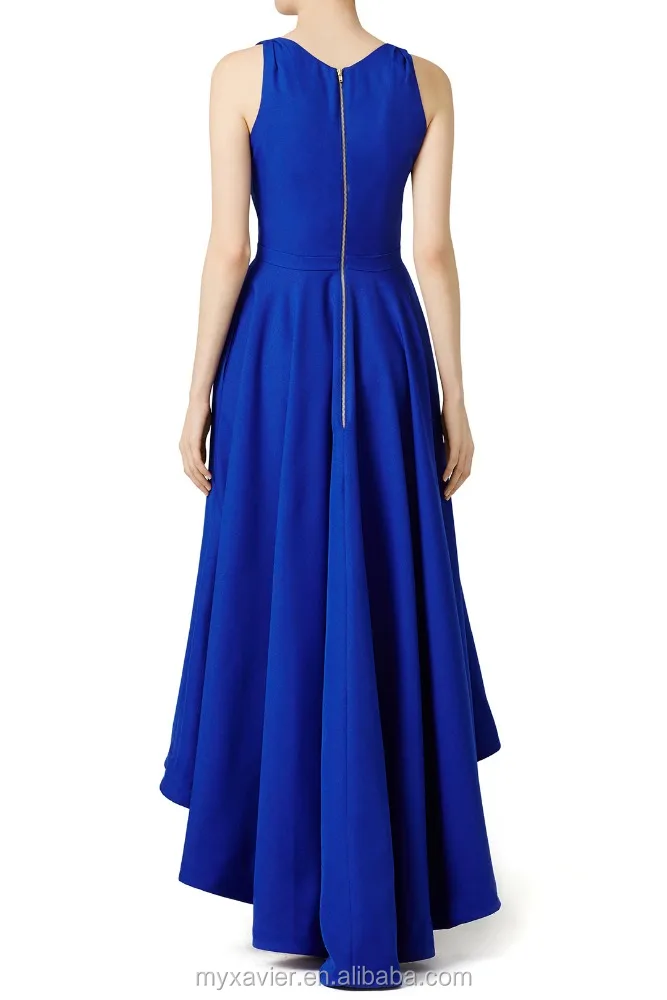 Blue crepe sleeveless v-neck evening dress with a high-low hem