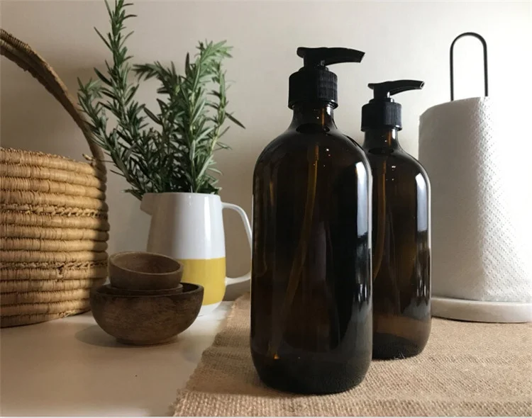 
Vintage inspired 250ml / 500ml boston amber glass bottle with black pump dispenser 