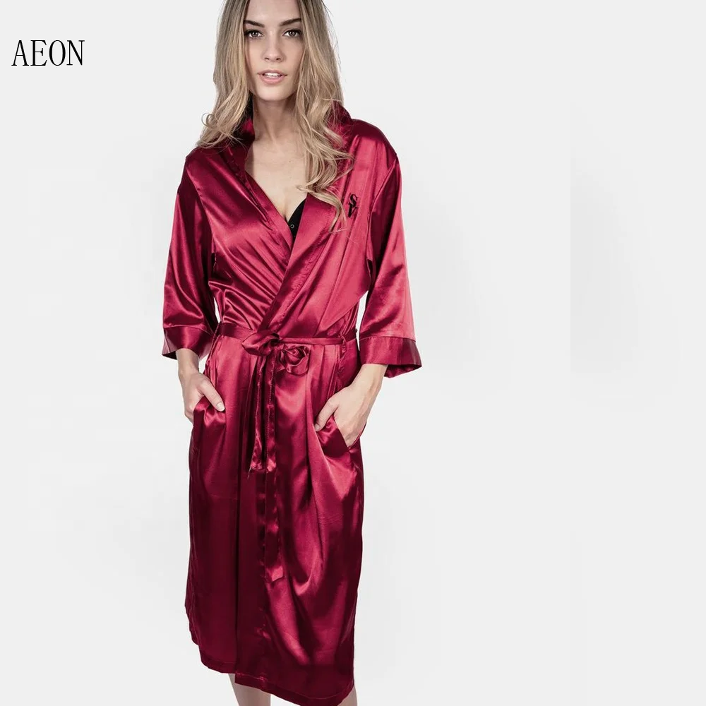 
Women personalized soft satin robe with logos short Solid silk night sleeping robe 