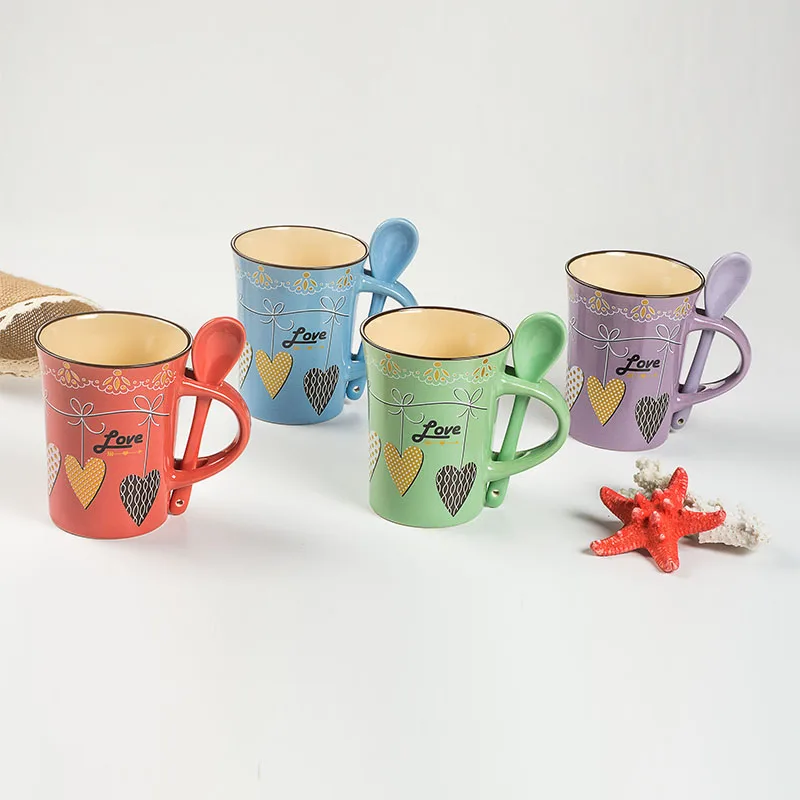 
11oz custom design espresso cups with spoon stoneware coffee mug with decal 