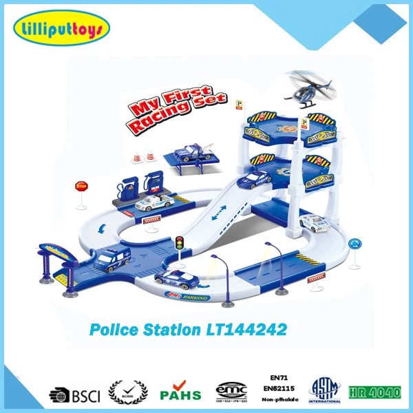 
Police station plastic parking lot scene set toys with metal car 