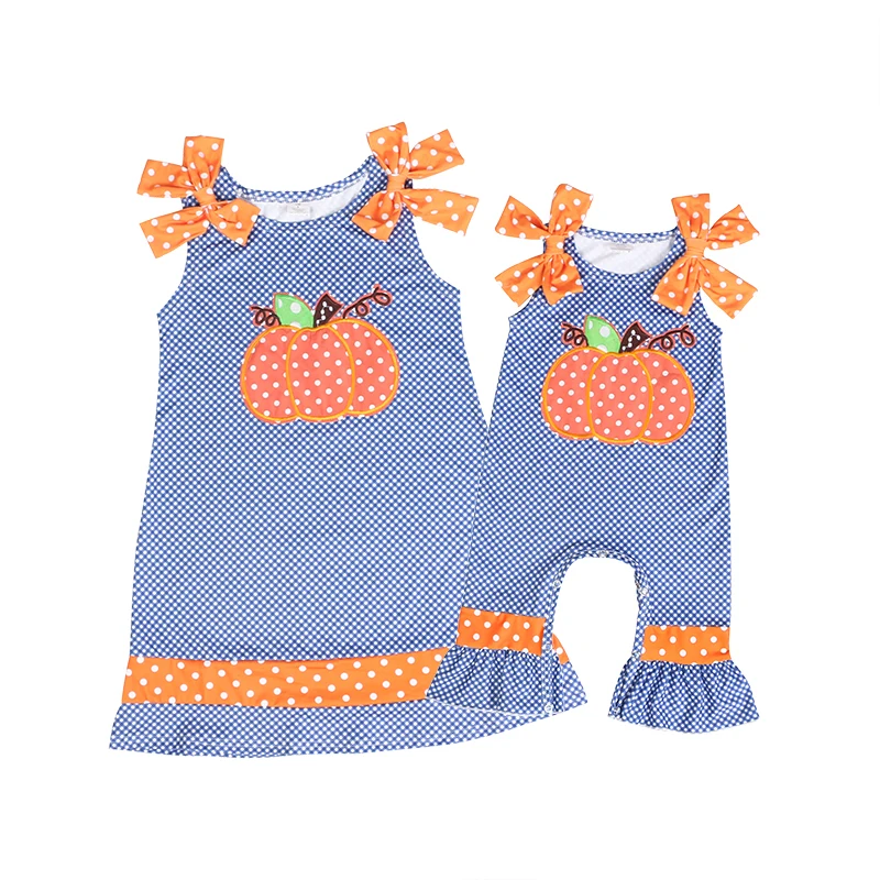 Bulk Wholesale Kids Clothing Cotton Baby Clothes Romper Dotted Pumpkin Applique Halloween Romper For Kids Girls