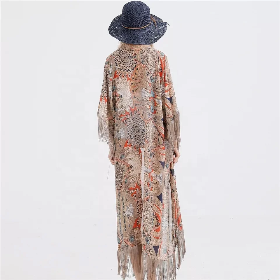 British style printed fringe cover up beachwear kaftan beachwear women boho casual dress