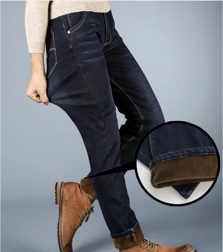 Осенне-зимние мужские эластичные джинсы с ворсом мужская одежда утолщенные плюшевые зимние теплые брюки с поясом прямые облегающие бархатные