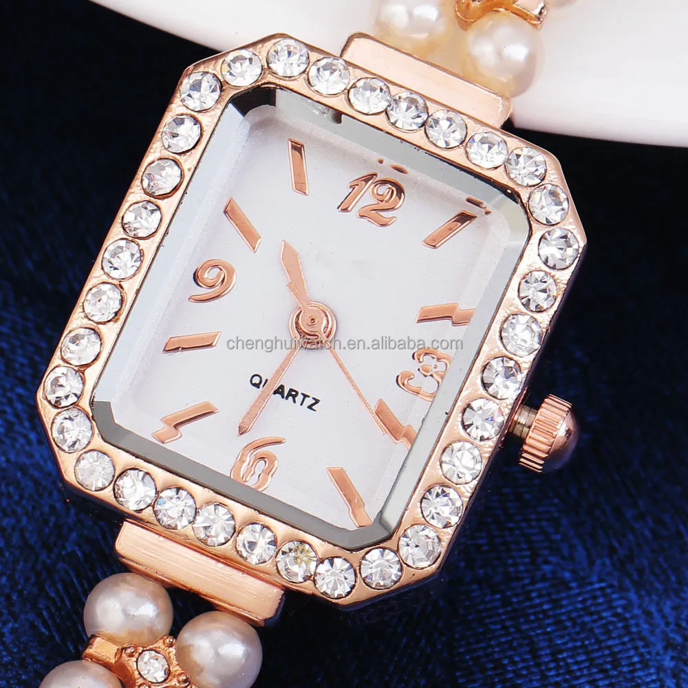 Womens rose gold watches, Pearl crystal bracelet bangle round , Square dial wrist ladies gold watch