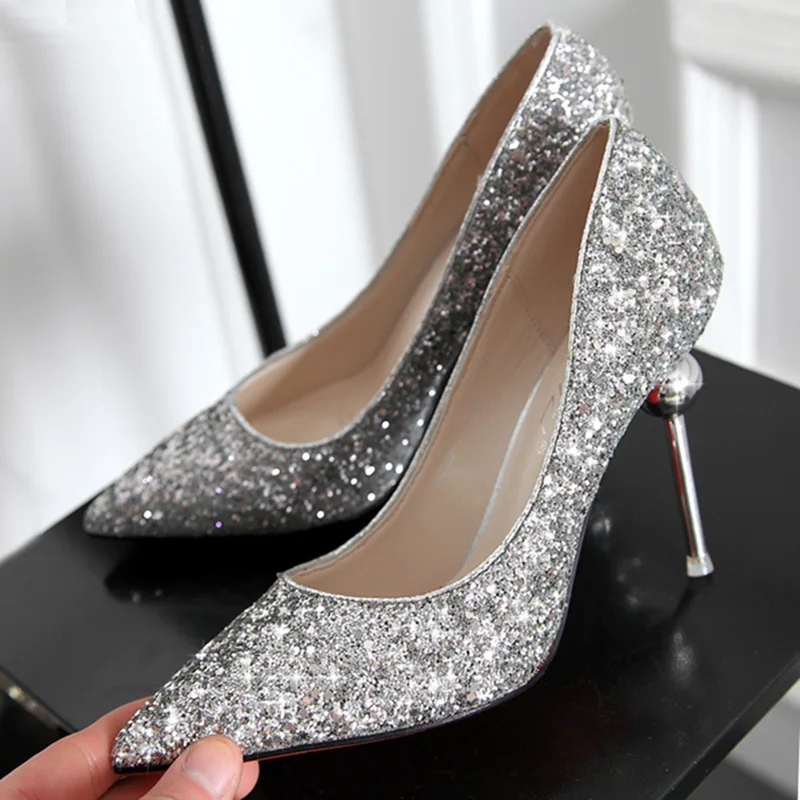 Туфли-лодочки женские на высоком каблуке-шпильке с острым носком и блестками