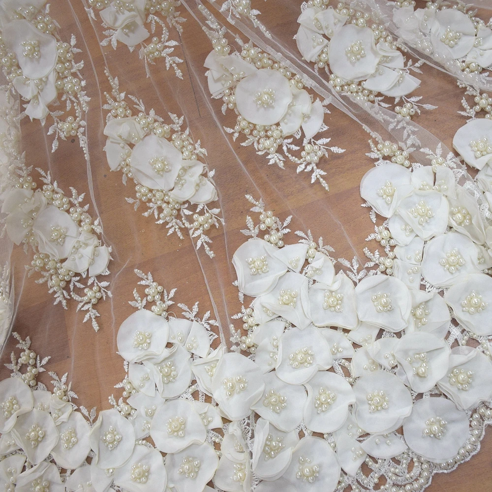 white korea lace fabric pearl embroidery designs for handmade embroidery dresses HY0888-2