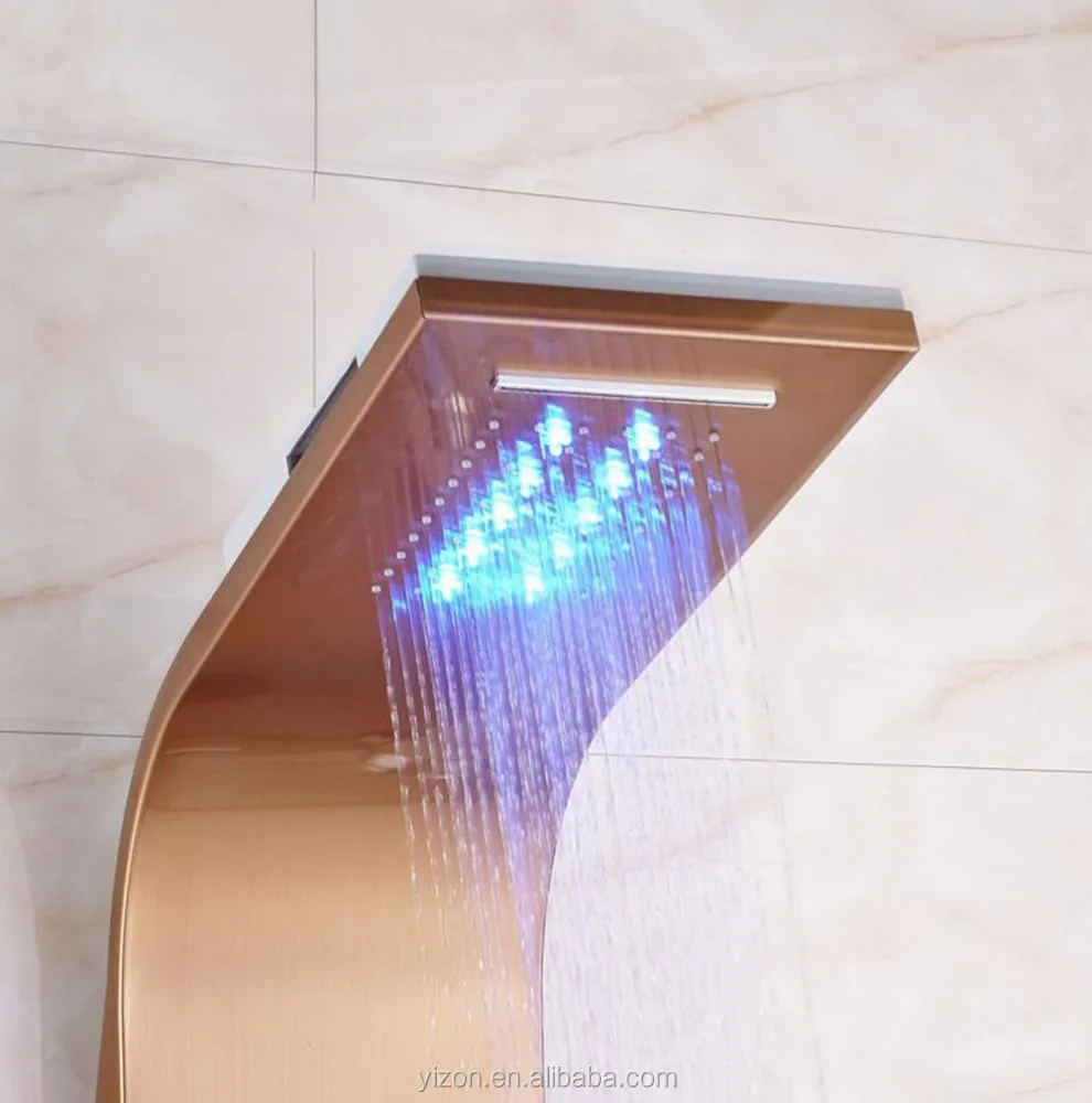 Золотистый корпус из нержавеющей стали, водопад, дождевая душевая панель, массажные струи, ручной распылитель, кран для ванны