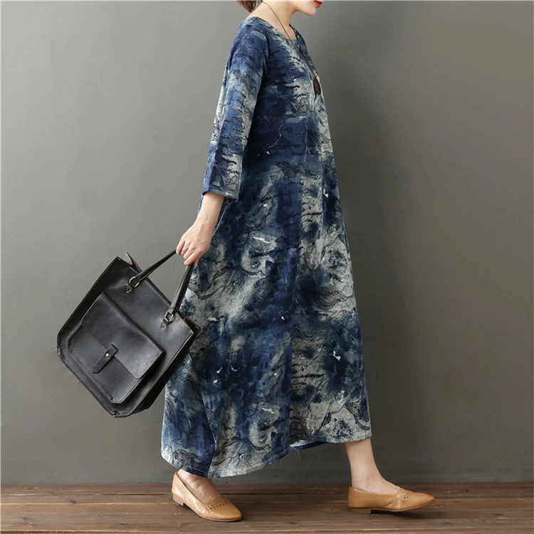 
Long Loose Women Print Linen Dresses in Stock 