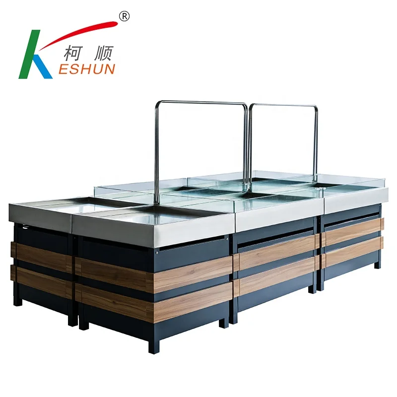 Stainless steel and wood supermarket fruit and vegetable shelf racks for sale